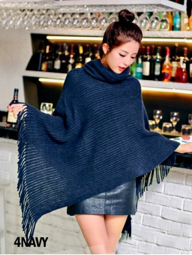 Soft Knitted Solid Poncho W/ Loose Turtle Neck & Fringe